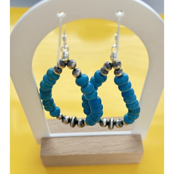 Sleeping Beauty Turquoise Teardrop Earrings w/ 9 Silver Navajo Pearls Great Gift - Picture 4 of 5